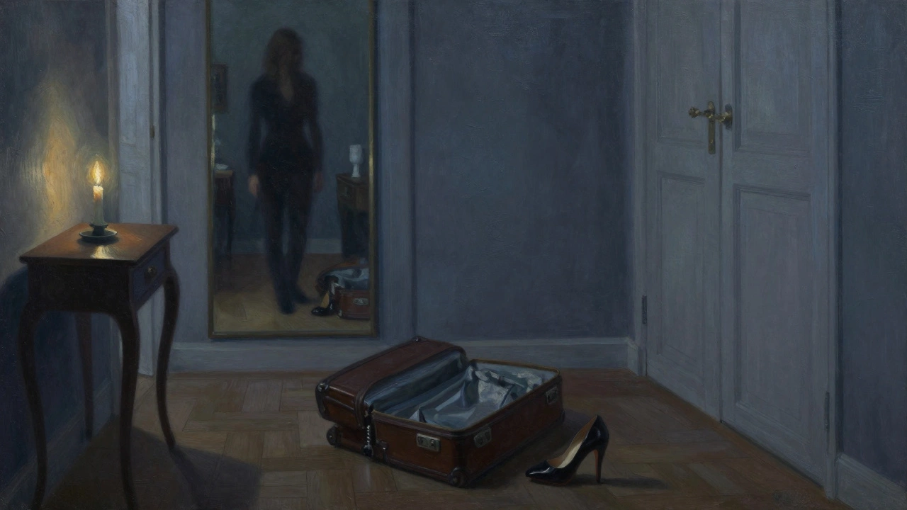 A dim apartment hallway in Paris with an open suitcase and a single candle casting long shadows.