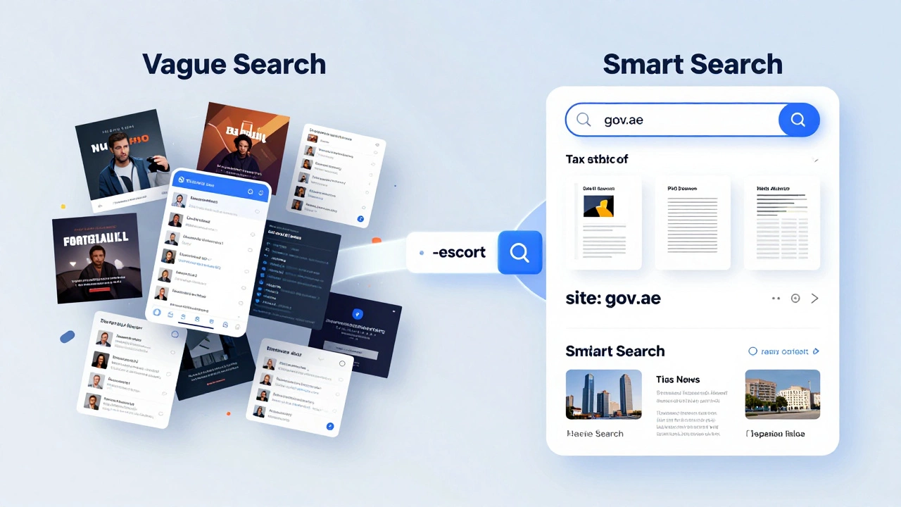 Contrasting search results: chaotic spam vs clean official sources with search tools guiding the path.