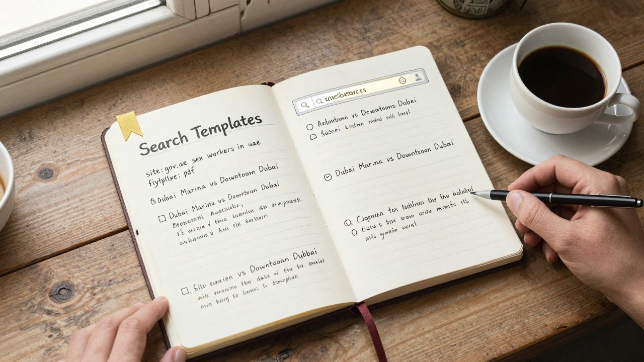 Notebook with handwritten advanced search templates beside a coffee cup and glowing browser tab.